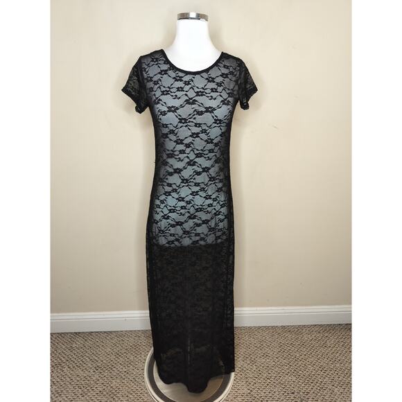Sheer Black Floral Lace Maxi Dress Back Slit Short Sleeve Y2K - Picture 1 of 8
